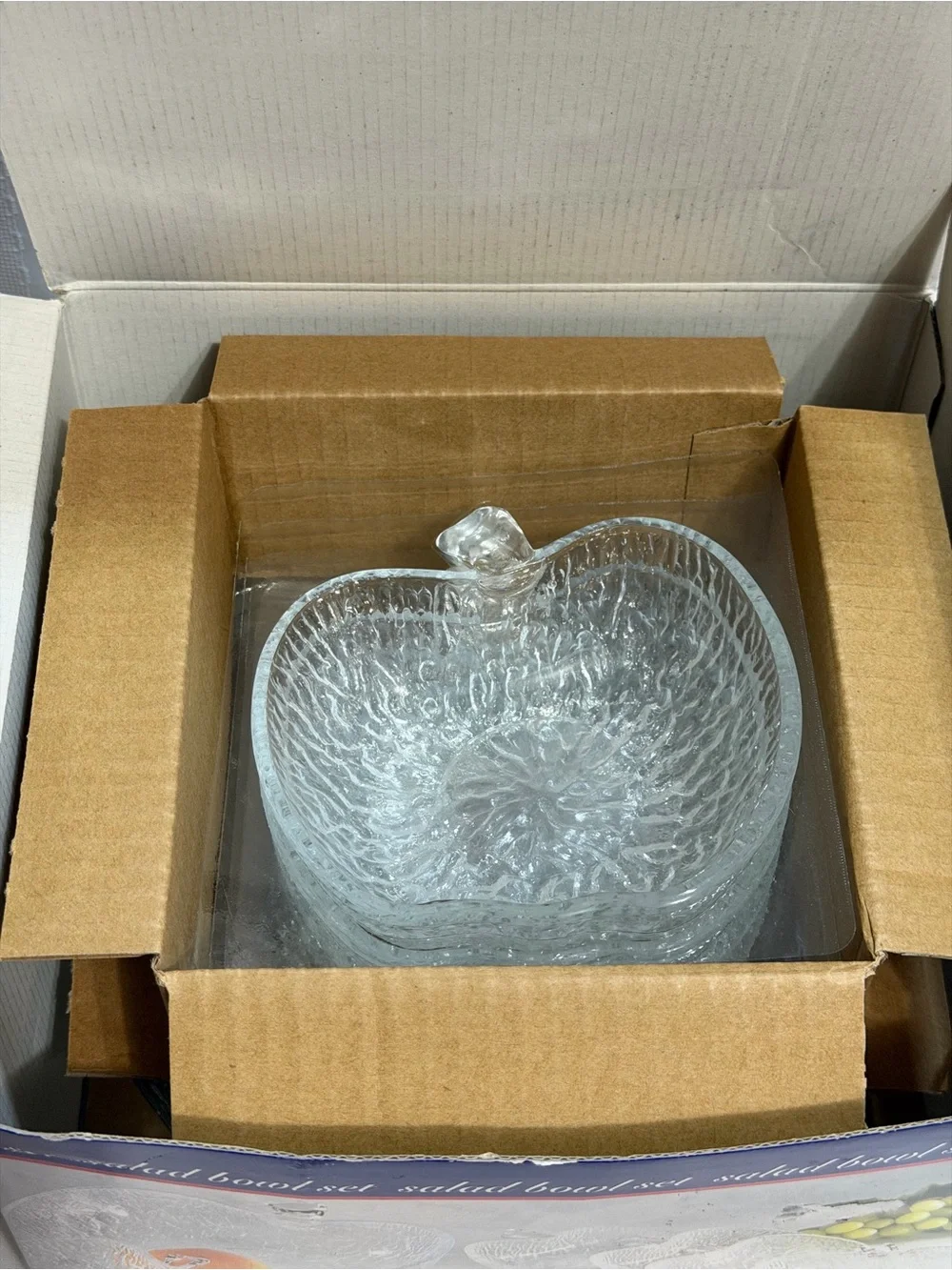 Vtg 7 Pc Apple Shaped Textured Clear Glass Salad/Fruit Bowl Set In Box Italy